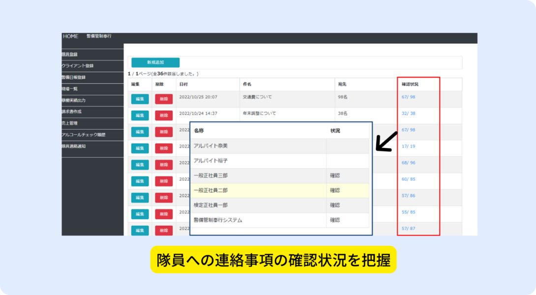 管理画面「隊員連絡通知」